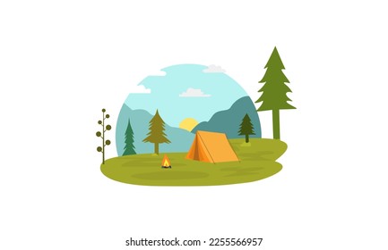 Sunny day landscape illustration in flat style with tent, campfire, mountains, forest and water. Background for summer camp, nature tourism, camping or hiking design concept.