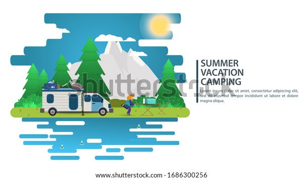 Sunny\
day landscape, illustration in flat cartoon style, people came by\
car to the camp site, mountains, forest, Background for summer camp\
natural tourism camping or Hiking, design\
concept