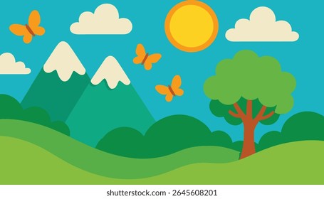 Sunny Day Landscape with Mountains Butterflies and Tree
