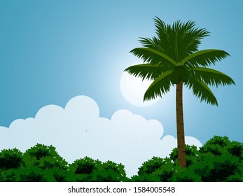 Sunny day landscape with a palm tree