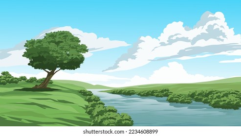 Sunny day landscape in rural countryside with river. Vector scenery illustration