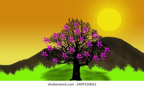 sunny day landscape . tree with full of pink color flowers.
