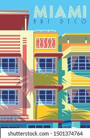 Sunny day in Miami, USA. Handmade drawing vector illustration. Art deco style.