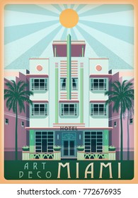 Sunny day in Miami, USA. Handmade drawing vector illustration. Art deco style.