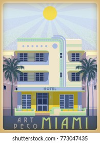 Sunny day in Miami, USA. Handmade drawing vector illustration. Art deco style.