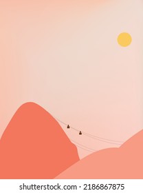 Sunny day in minimalistic illustration showing the Sugar Loaf Mountain in Rio de Janeiro, Brazil. Sunny day with pink mountains and pink sky. Feminine and delicate poster.