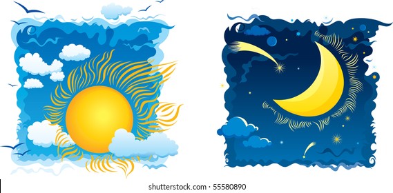 Sunny day and moonlit night with sky and clouds