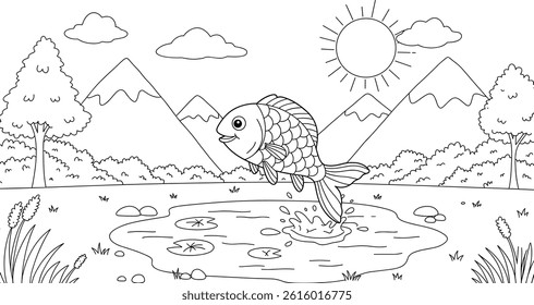 sunny day in nature with fish, trees and mountains coloring page