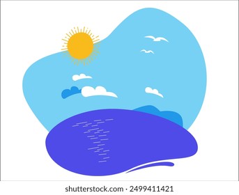 sunny day at the ocean bright illustration. The sun shines over blue water, clouds, seagulls in the sky. Simplistic, colorful design