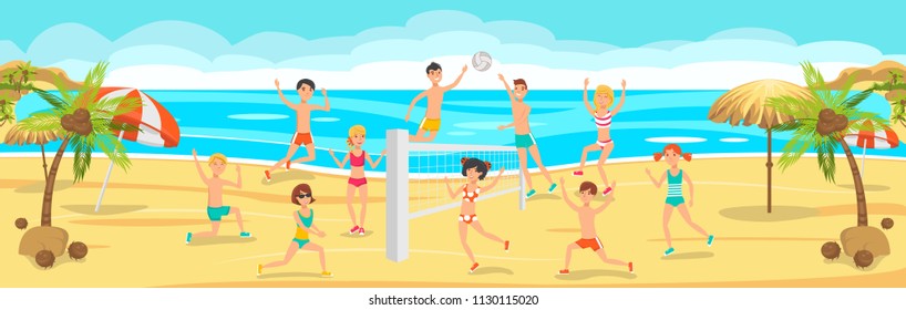 Sunny Day on Beach. Friends Play Volleyball on Sand. Friends on Beach. Summer activities on Beach. Happy People playing Beach Volleyball. Sport and Leisure. Vector Sport illustration.