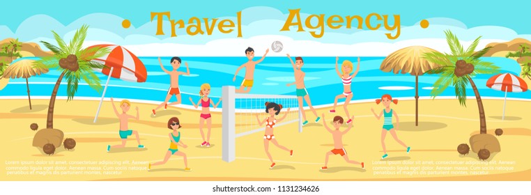 Sunny Day on Beach. Friends Play Volleyball on Sand. Friends on Beach. Summer activities on Beach. Happy People playing Beach Volleyball. Sport and Leisure. Vector Sport illustration.