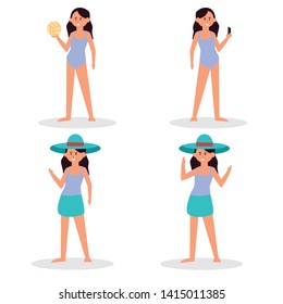 Sunny day on the beach. Summer activities on the beach. Sport and leisure. Boy, girl, man, woman, surfer, tourists. Water sport and happy active life. Volley, surf diving swimwear 