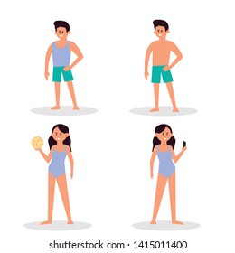 Sunny day on the beach. Summer activities on the beach. Sport and leisure. Boy, girl, man, woman, surfer, tourists. Water sport and happy active life. Volley, surf diving swimwear 