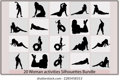 Sunny day on the beach vector silhouette,Vector illustration set of silhouette Woman enjoying summer vacation