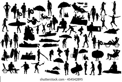 Sunny Day On The Beach Vector Silhouette Over 50 People Characters(boy,girl,man,woman,swimmer,parents, Tourists, Mother,father,) Water Sports. Happy Seniors Active Life. Skin Care Protection Concept.