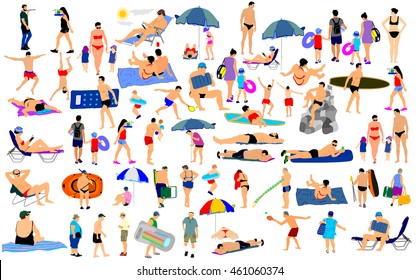 Sunny day on the beach vector illustration over 50 people characters(boy,girl,man,woman,swimmer,parents, tourists, mother,father,) Water sport. Happy seniors active life. Skin care protection concept.