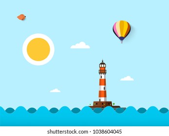 Sunny Day on Sea. Vector Flat Design Ocean Landscape with Lighthouse, Sun, Bird and Hot Air Balloon on Blue Sky.