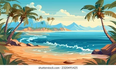 Día soleado en una playa tropical. Grandes rocas. Olas tranquilas. Cielo despejado. Colores cálidos y luminosos. La belleza del mar Capa de mar, obra de arte. Diseño de ilustraciones vectoriales