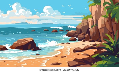 Sunny day on a tropical beach. Big rocks. Calm waves. Clear sky. Bright warm colors. The beauty of the sea. Seascape, work of art. Vector illustration design