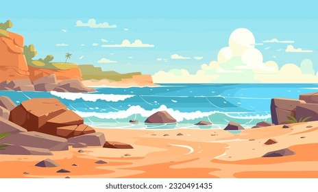 Sunny day on a tropical beach. Big rocks. Calm waves. Clear sky. Bright warm colors. The beauty of the sea. Seascape, work of art. Vector illustration design