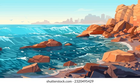 Sunny day on a tropical beach. Big rocks. Calm waves. Clear sky. Bright warm colors. The beauty of the sea. Seascape, work of art. Vector illustration design