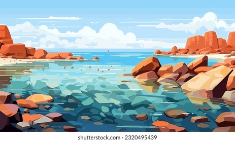 Sunny day on a tropical beach. Big rocks. Calm waves. Clear sky. Bright warm colors. The beauty of the sea. Seascape, work of art. Vector illustration design