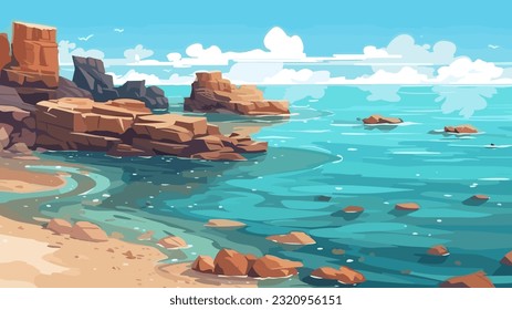 Sunny day on a tropical beach. Big rocks. Calm waves. Clear sky. Bright warm colors. The beauty of the sea. Seascape, work of art. Vector illustration design