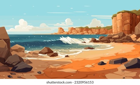 Sunny day on a tropical beach. Big rocks. Calm waves. Clear sky. Bright warm colors. The beauty of the sea. Seascape, work of art. Vector illustration design