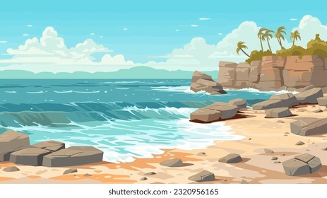 Sunny day on a tropical beach. Big rocks. Calm waves. Clear sky. Bright warm colors. The beauty of the sea. Seascape, work of art. Vector illustration design