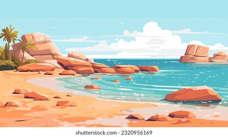 Día soleado en una playa tropical. Grandes rocas. Olas tranquilas. Cielo despejado. Colores cálidos y luminosos. La belleza del mar Capa de mar, obra de arte. Diseño de ilustraciones vectoriales