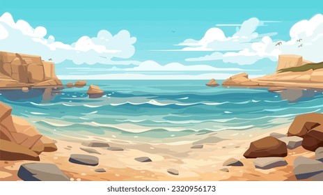 Día soleado en una playa tropical. Grandes rocas. Olas tranquilas. Cielo despejado. Colores cálidos y luminosos. La belleza del mar Capa de mar, obra de arte. Diseño de ilustraciones vectoriales