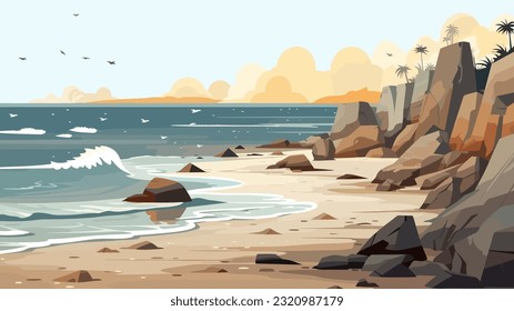Sunny day on a tropical beach. Big rocks. Calm waves. Clear sky. Bright warm colors. The beauty of the sea. Seascape, work of art. Vector illustration design
