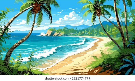 Sunny day on a tropical beach. Big rocks. Calm waves. Clear sky. Bright warm colors. The beauty of the sea. Seascape, work of art. Vector illustration design