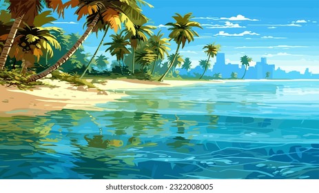 Día soleado en una playa tropical. Grandes rocas. Olas tranquilas. Cielo despejado. Colores cálidos y luminosos. La belleza del mar Capa de mar, obra de arte. Diseño de ilustraciones vectoriales