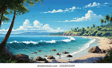 Sunny day on a tropical beach. Big rocks. Calm waves. Clear sky. Bright warm colors. The beauty of the sea. Seascape, work of art. Vector illustration design