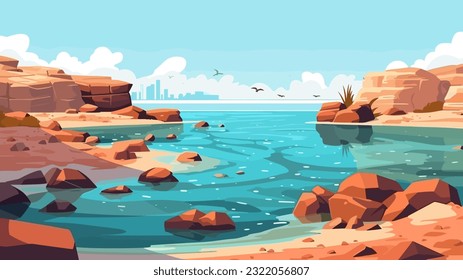 Sunny day on a tropical beach. Big rocks. Calm waves. Clear sky. Bright warm colors. The beauty of the sea. Seascape, work of art. Vector illustration design