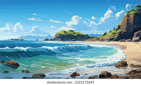 Sunny day on a tropical beach. Big rocks. Calm waves. Clear sky. Bright warm colors. The beauty of the sea. Seascape, work of art. Vector illustration design