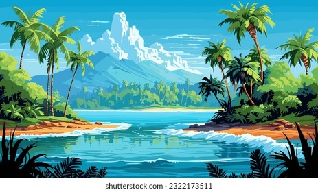 Sunny day on a tropical beach. Big rocks. Calm waves. Clear sky. Bright warm colors. The beauty of the sea. Seascape, work of art. Vector illustration design