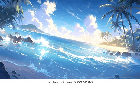 Sunny day on a tropical beach. Big rocks. Calm waves. Clear sky. Bright warm colors. The beauty of the sea. Seascape, work of art. Vector illustration design