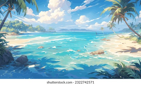 Día soleado en una playa tropical. Grandes rocas. Olas tranquilas. Cielo despejado. Colores cálidos y luminosos. La belleza del mar Capa de mar, obra de arte. Diseño de ilustraciones vectoriales