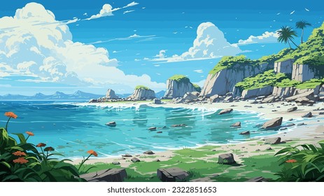 Sunny day on a tropical beach. Big rocks. Calm waves. Clear sky. Bright warm colors. The beauty of the sea. Seascape, work of art. Vector illustration design