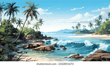 Día soleado en una playa tropical. Grandes rocas. Olas tranquilas. Cielo despejado. Colores cálidos y luminosos. La belleza del mar Capa de mar, obra de arte. Diseño de ilustraciones vectoriales