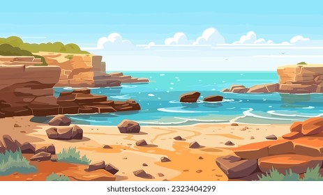 Sunny day on a tropical beach. Big rocks. Calm waves. Clear sky. Bright warm colors. The beauty of the sea. Seascape, work of art. Vector illustration design