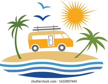 Sunny day Palm Beach Island with micro bus tour vector illustration