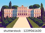 Sunny day in the park near the palace. Handmade drawing vector. Pop art retro style. All objects are grouped and layered. Can be used for posters, banners, postcards, books & etc.