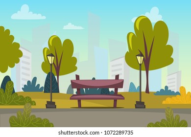 Sunny day in the Park with the silhouette of the city. Stage with lights and a bench. Cartoon, flat style, vector.