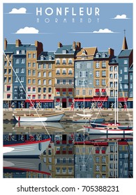 A Sunny day in the port of Honfleur, Normandy, France. Handmade drawing vector illustration. Vintage style. All buildings - customizable different objects.