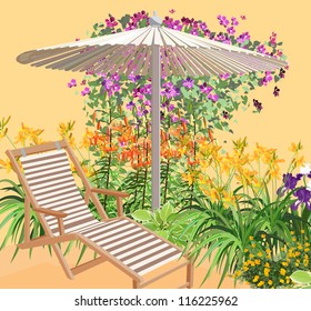 Sunny day at the resort. Chaise among the flowers.