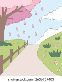 Sunny day and road spring cherry blossoms