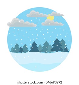 sunny day. round icon style flat. which depicts falling snow, drifts, clouds, sun and a lot of christmas trees 